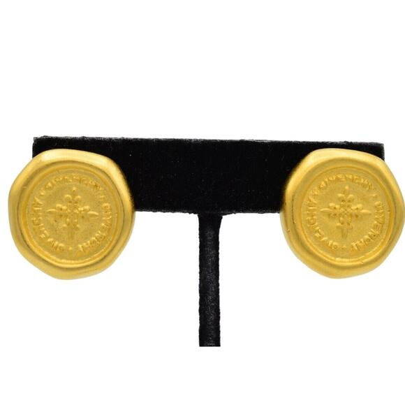 Givenchy Vintage Logo Coin Clip On Earrings Brushed Gold Chunky NOS Signed BinW - Picture 1 of 10